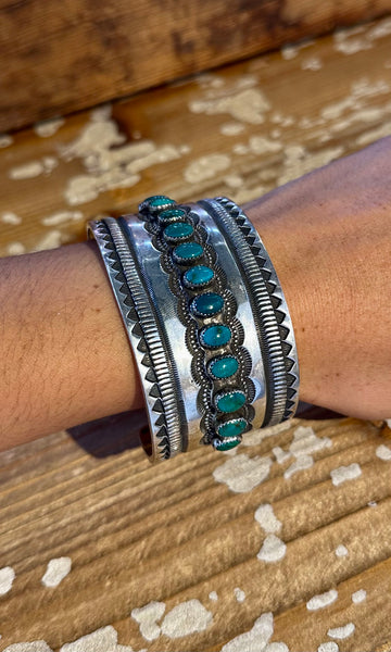 RICK MARTINEZ Vintage Turquoise Sterling Silver Stamped Cuff • 110g