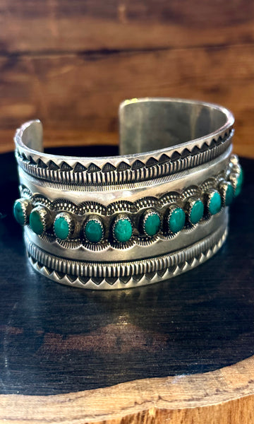 RICK MARTINEZ Vintage Turquoise Sterling Silver Stamped Cuff • 110g
