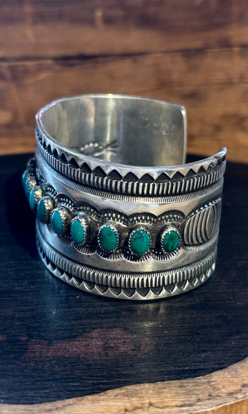 RICK MARTINEZ Vintage Turquoise Sterling Silver Stamped Cuff • 110g