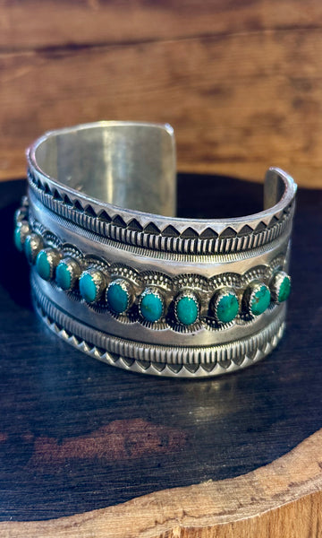 RICK MARTINEZ Vintage Turquoise Sterling Silver Stamped Cuff • 110g