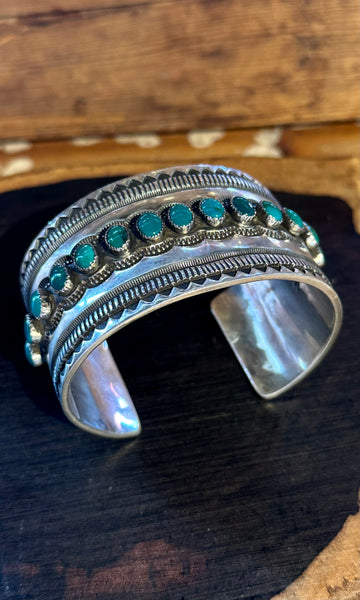RICK MARTINEZ Vintage Turquoise Sterling Silver Stamped Cuff • 110g