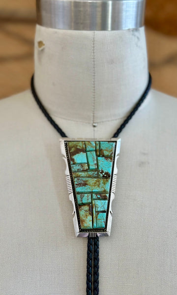 STEVE FRANCISCO Navajo Turquoise Mosaic Bolo Tie w/ Leather Cord
