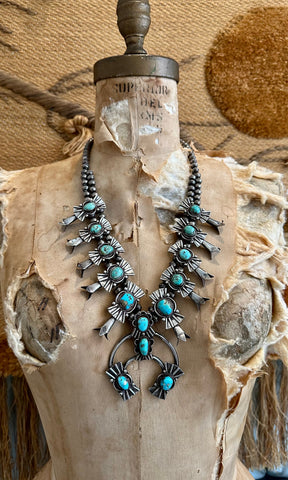 SQUASH BLOSSOM Large Turquoise & Sterling Silver Vintage Necklace
