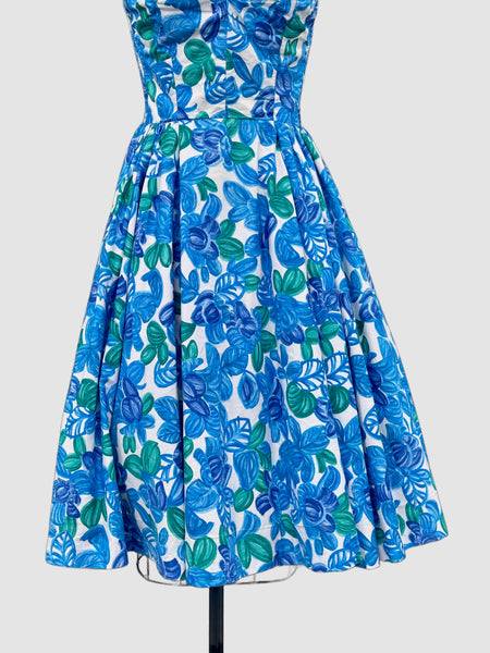 BLUE HAWAII  50s KAMEHAMEHA Halter Hawaiian Sun Dress • Medium