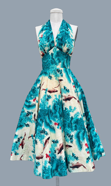 KAMEHAMEHA 50s Halter Hawaiian Koi Print Sun Dress • Small