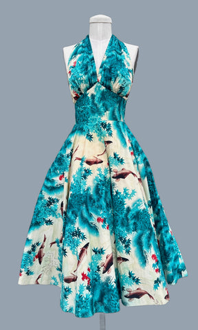 KAMEHAMEHA 50s Halter Hawaiian Koi Print Sun Dress • Small