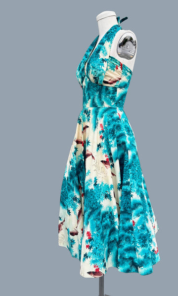 KAMEHAMEHA 50s Halter Hawaiian Koi Print Sun Dress • Small