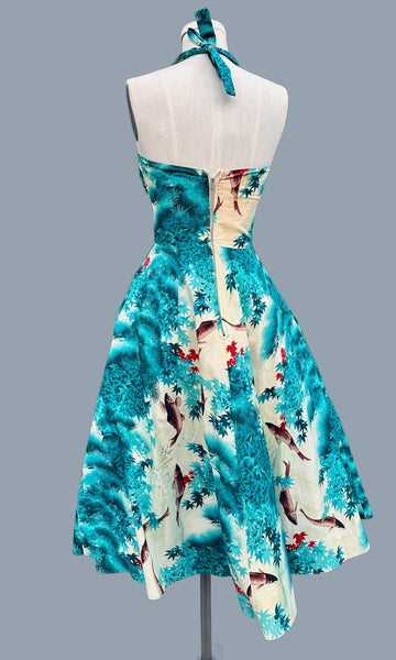 KAMEHAMEHA 50s Halter Hawaiian Koi Print Sun Dress • Small