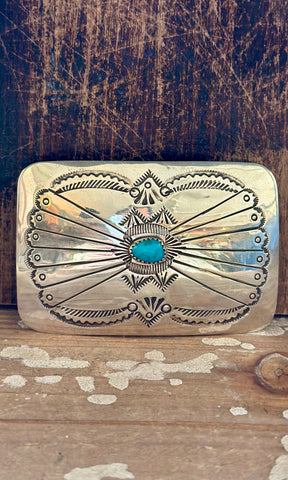 SILVER PEACOCK TURQUOISE Mens Belt Buckle • 24g