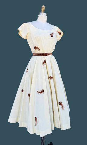 ANNE FOGARTY 50s CottonDress with Novelty Feather Print • Small