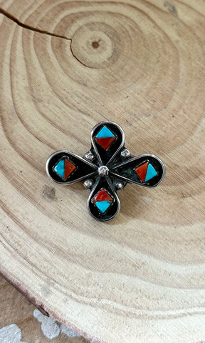 ZUNI BROOCH Vintage Turquoise & Coral Inlay Floral Sterling Silver Pin