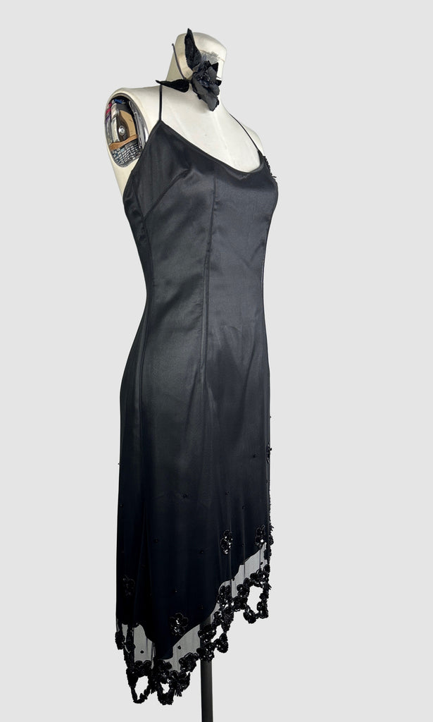 BETSEY JOHNSON 90s Black Mesh Beaded Halter Dress Small Love Street Vintage BETSEY JOHNSON 90s Black Mesh Beaded Halter Dress Small Love Street Vintage