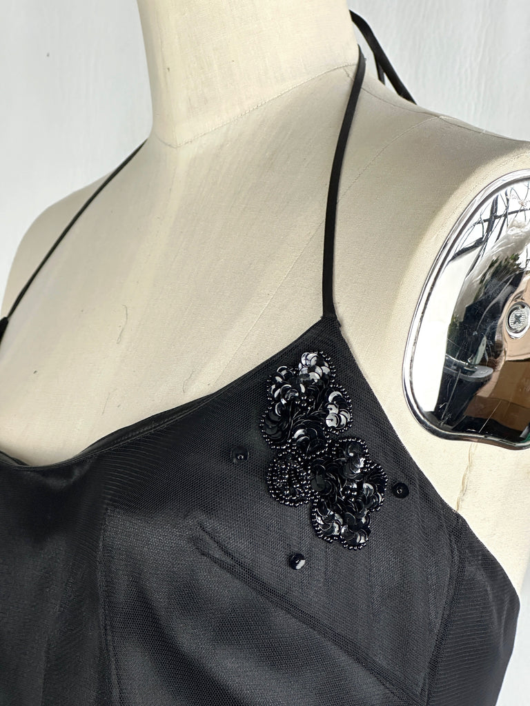 BETSEY JOHNSON 90s Black Mesh Beaded Halter Dress Small Love Street Vintage BETSEY JOHNSON 90s Black Mesh Beaded Halter Dress Small Love Street Vintage