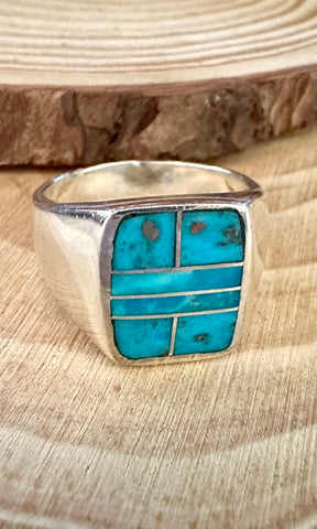 OPEN OCEAN Turquoise & Sterling Silver Native American Inlay Ring Mens • Size 11