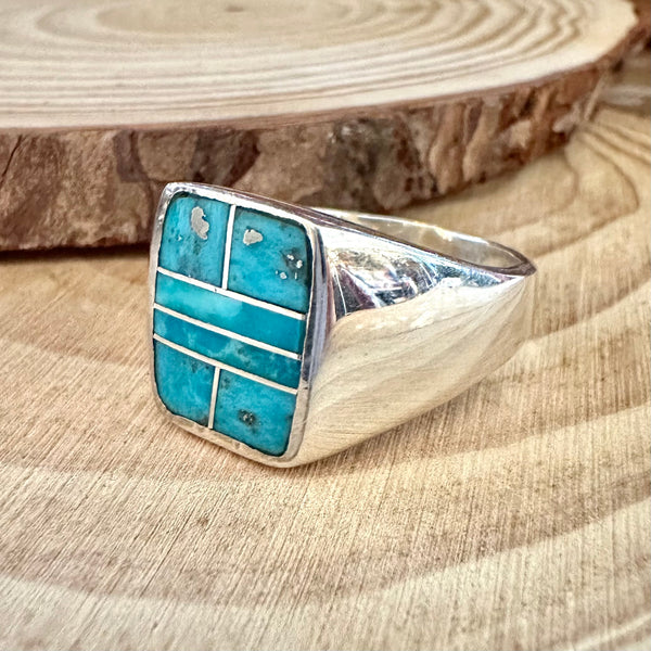 OPEN OCEAN Turquoise & Sterling Silver Native American Inlay Ring Mens • Size 11