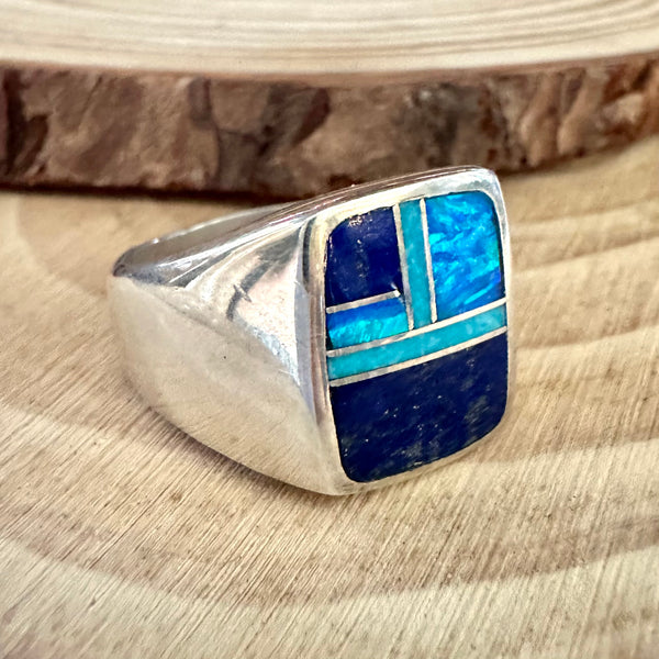 LOVE IN BLUE Multi Stone & Sterling Native American Inlay Mens Ring • Sizes 10, 10.5