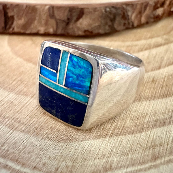 LOVE IN BLUE Multi Stone & Sterling Native American Inlay Mens Ring • Sizes 10, 10.5