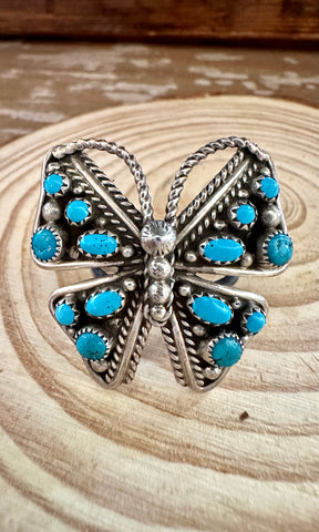 BRIGHT BUTTERFLY Large Navajo Turquoise Stone and Sterling Silver Ring • Size 9
