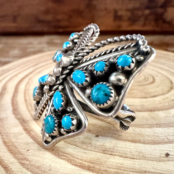 BRIGHT BUTTERFLY Large Navajo Turquoise Stone and Sterling Silver Ring • Size 9