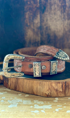 VINTAGE MEXICAN Leather Belt and Silver Buckle & Keepers • Size L-XL