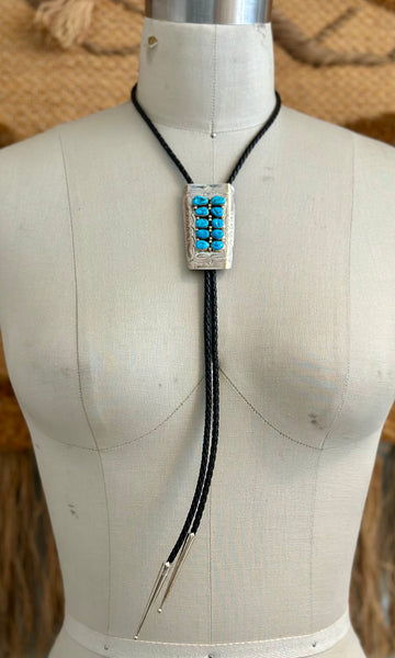 NAVAJO TURQUOISE PIANO Sterling Silver Bolo Tie w/ Leather Cord