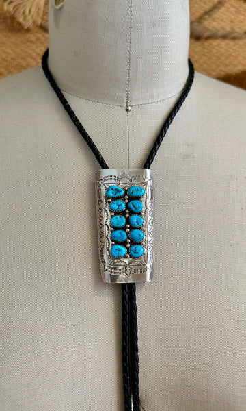 NAVAJO TURQUOISE PIANO Sterling Silver Bolo Tie w/ Leather Cord
