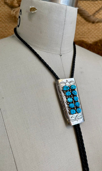 NAVAJO TURQUOISE PIANO Sterling Silver Bolo Tie w/ Leather Cord