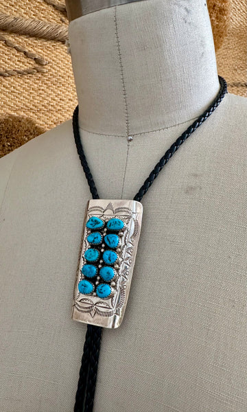 NAVAJO TURQUOISE PIANO Sterling Silver Bolo Tie w/ Leather Cord