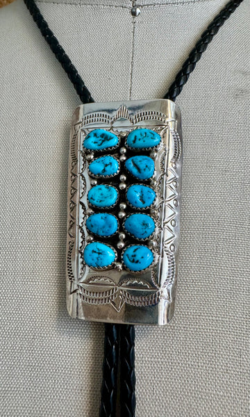NAVAJO TURQUOISE PIANO Sterling Silver Bolo Tie w/ Leather Cord