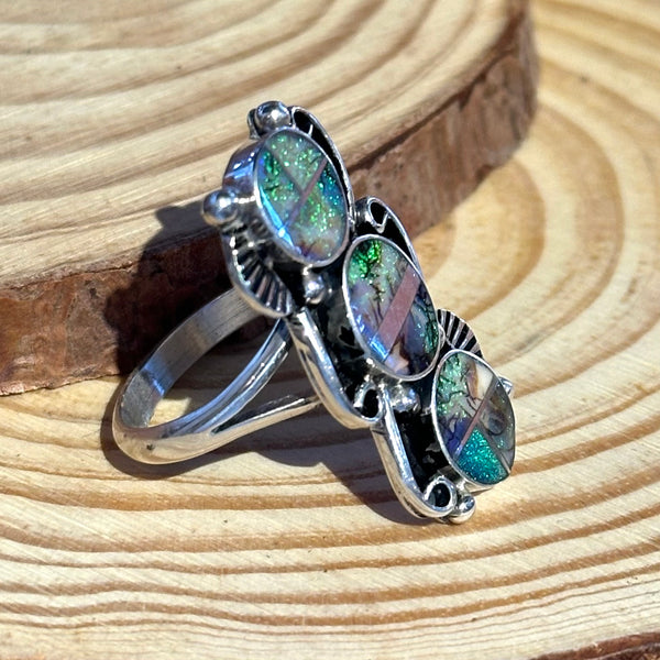 DRAGON TAILS Sterling Silver and Spiderweb Opal Inlay Ring Alice Mc Shirley • Size Adjustable