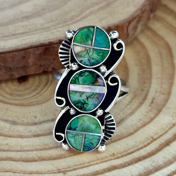 DRAGON TAILS Sterling Silver and Spiderweb Opal Inlay Ring Alice Mc Shirley • Size Adjustable