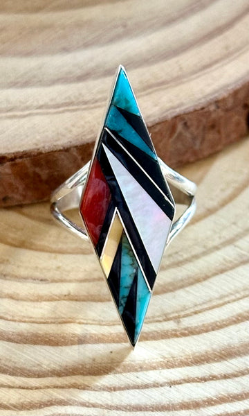 CLEO KALLESTEWA Multi Stone Inlay Native American Zuni Ring • Size 8