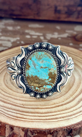 JOE DELGARITO Navajo Number 8 Mine Turquoise Sterling Silver Cuff 60g