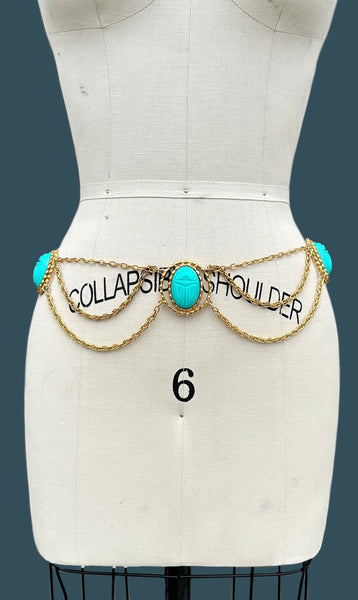 SCARAB BELT Vintage 60s/70s Waist Belt Turquoise Resin Scarab