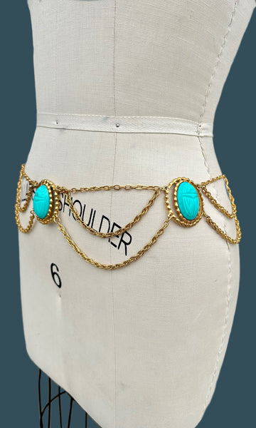 SCARAB BELT Vintage 60s/70s Waist Belt Turquoise Resin Scarab