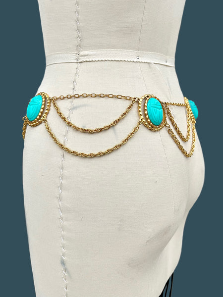 SCARAB BELT Vintage 60s/70s Waist Belt Turquoise Resin Scarab