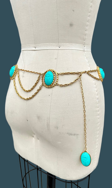 SCARAB BELT Vintage 60s/70s Waist Belt Turquoise Resin Scarab