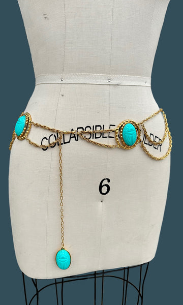 SCARAB BELT Vintage 60s/70s Waist Belt Turquoise Resin Scarab
