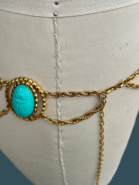SCARAB BELT Vintage 60s/70s Waist Belt Turquoise Resin Scarab