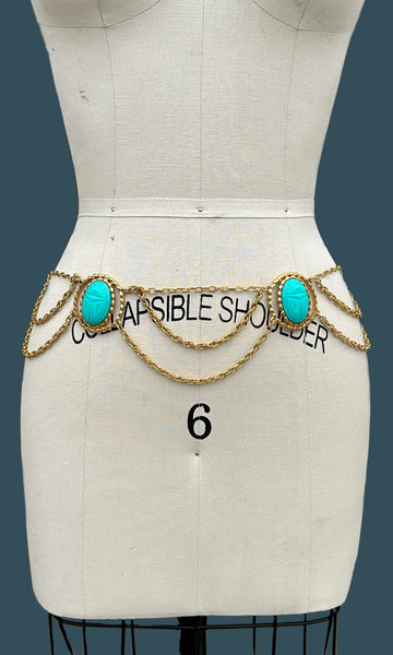 SCARAB BELT Vintage 60s/70s Waist Belt Turquoise Resin Scarab