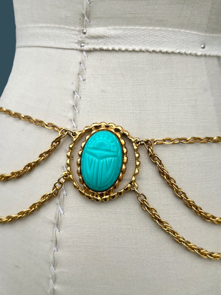 SCARAB BELT Vintage 60s/70s Waist Belt Turquoise Resin Scarab