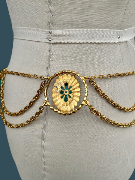 SCARAB BELT Vintage 60s/70s Waist Belt Turquoise Resin Scarab
