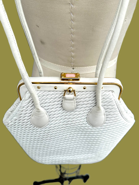 JUDITH LEIBER Vintage 90s White Leather Clasp  Shoulder Bag