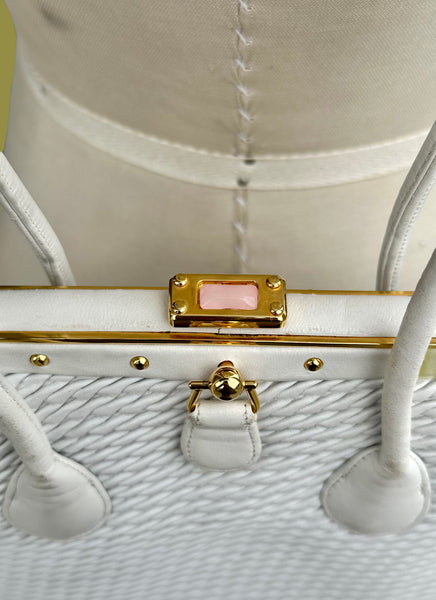 JUDITH LEIBER Vintage 90s White Leather Clasp  Shoulder Bag