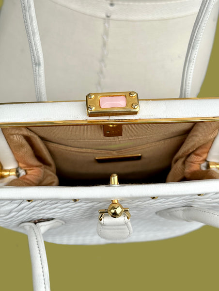 JUDITH LEIBER Vintage 90s White Leather Clasp  Shoulder Bag