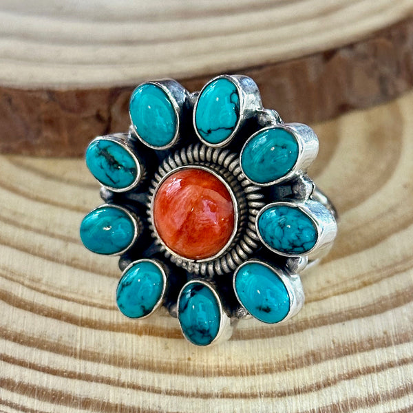 FLOWER POWER Navajo Spiny Oyster & Kingman Turquoise Sterling Silver Ring • Size 7