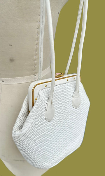 JUDITH LEIBER Vintage 90s White Leather Clasp  Shoulder Bag