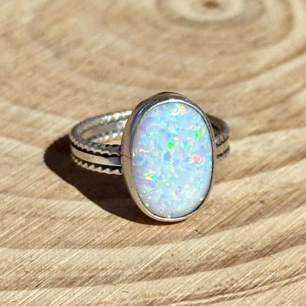 NEW LIGHT Sterling Silver and Lab Opal Navajo Ring • Multiple sizes available