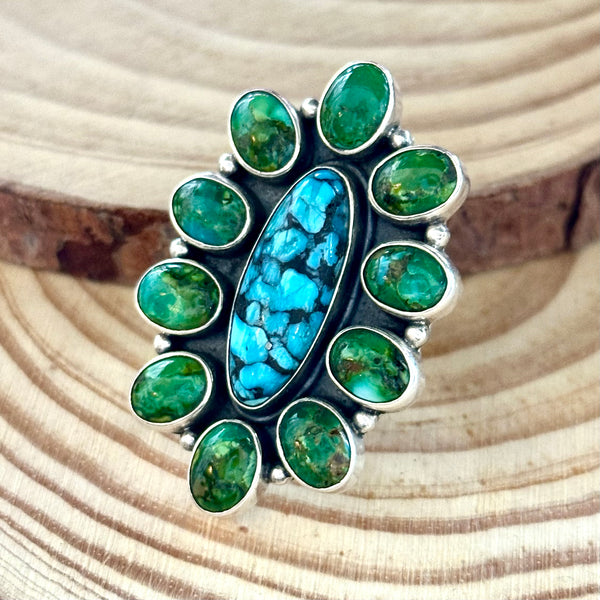 BLOOMING FLOWER Sterling Silver Blue & Green Turquoise Cluster Ring • Sizes 7 & 9 1/4