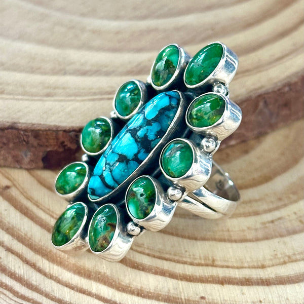 BLOOMING FLOWER Sterling Silver Blue & Green Turquoise Cluster Ring • Sizes 7 & 9 1/4